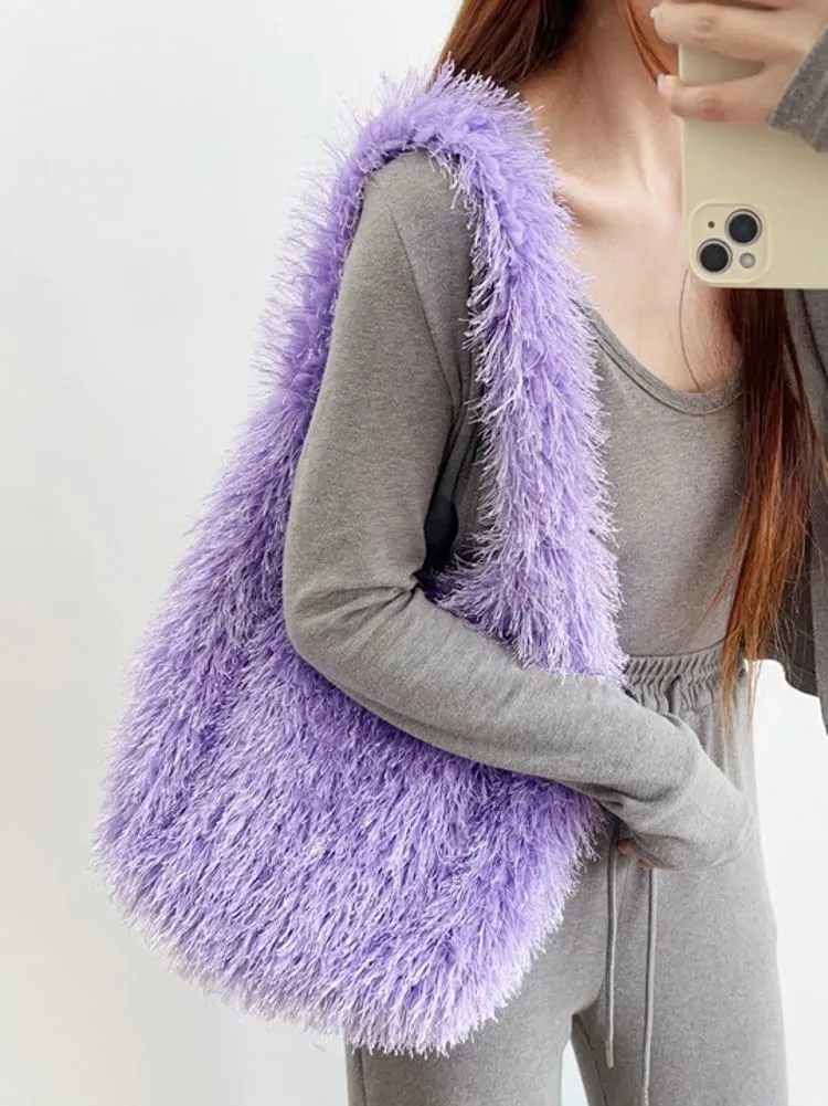 Furry Tote Bag for Women Faux Fur Shoulder Bag Y2k Purse Fluffy Large Fuzzy Handbags Cute Solid Top Handle Satchels