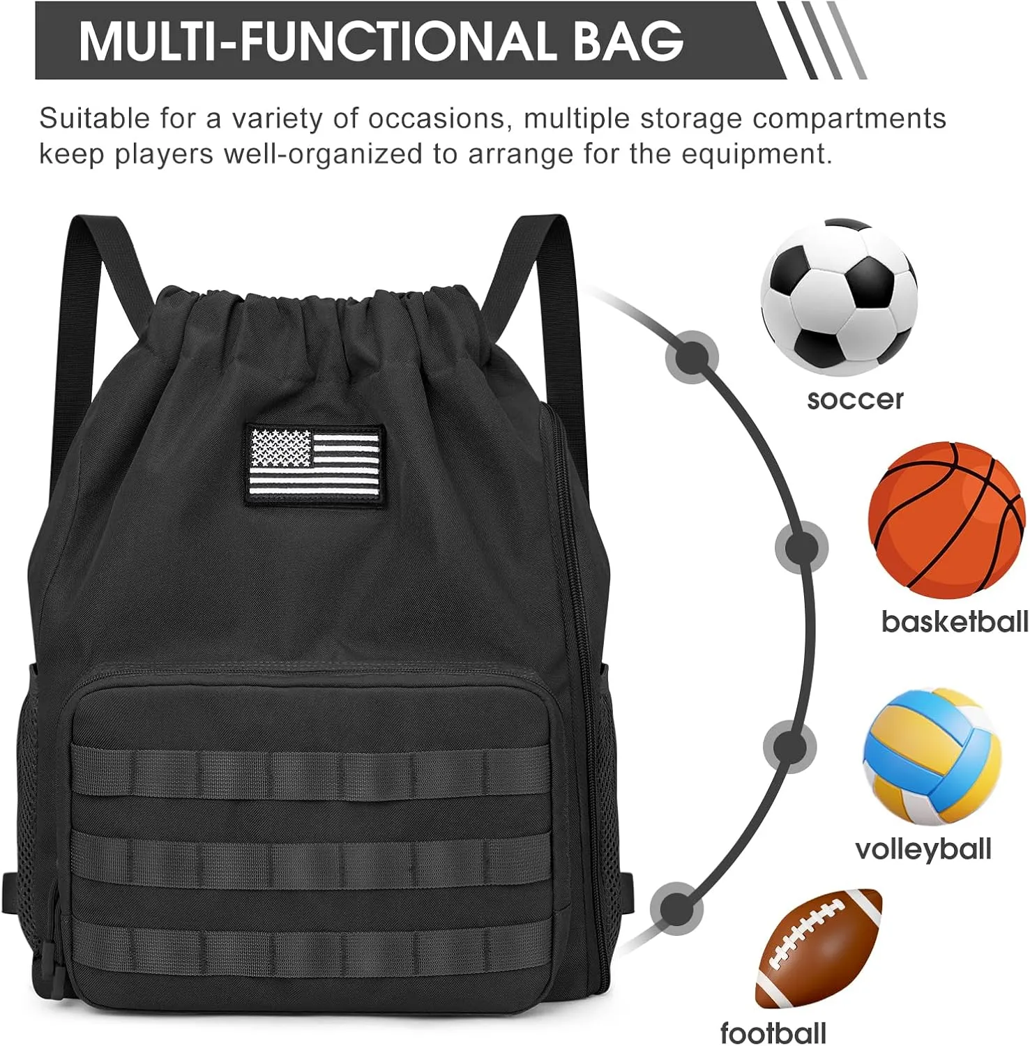 G4Free Drawstring Backpack Gym Backpack Soccer Basketball Bag with Shoes Compartment Tactical Water-Resistant String Sports Bag for Men Women(Black)