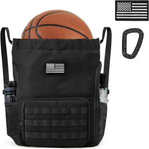 G4Free Drawstring Backpack Gym Backpack Soccer Basketball Bag with Shoes Compartment Tactical Water-Resistant String Sports Bag for Men Women(Black)