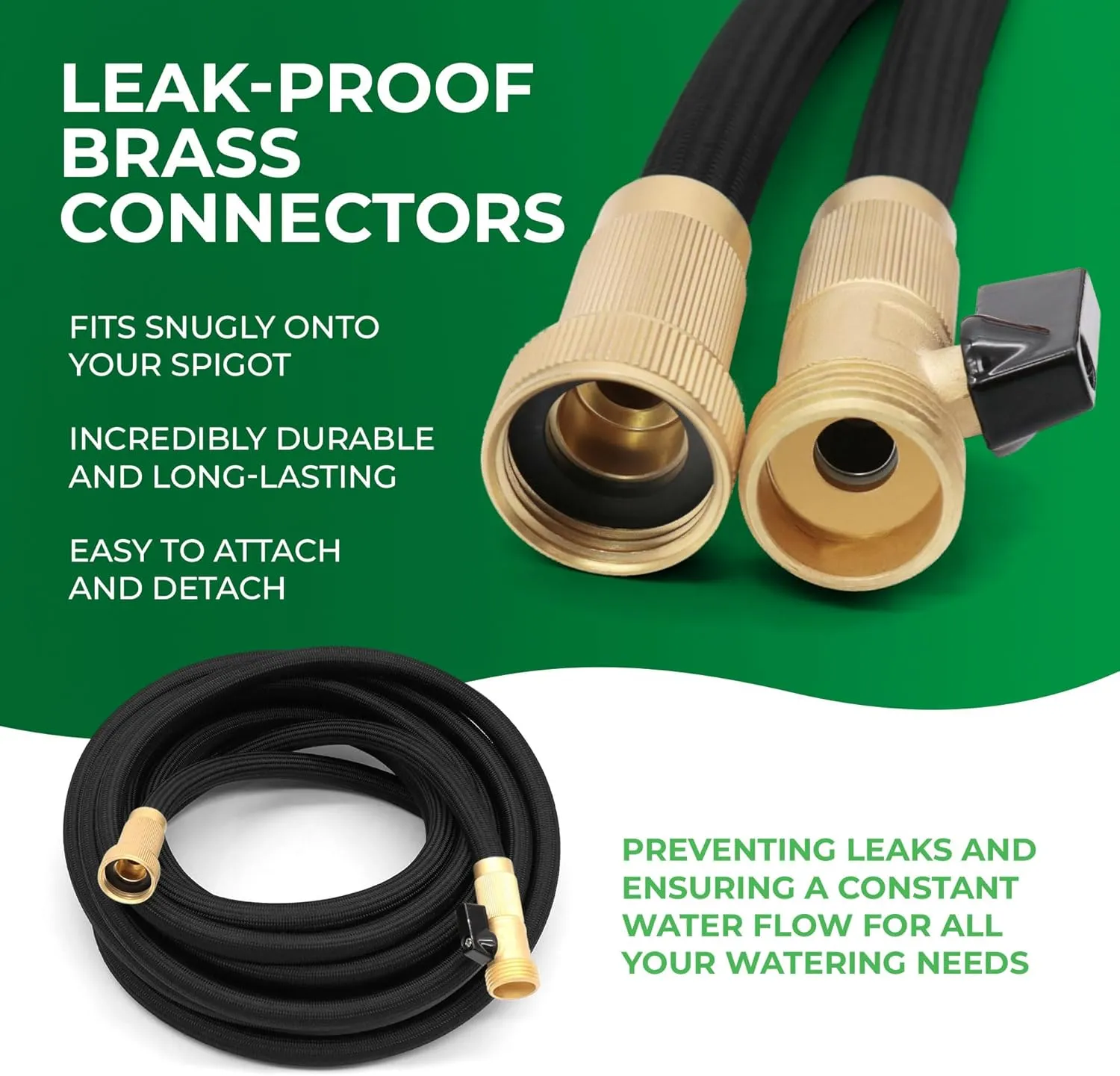 Garden Hose, NON-EXPANDABLE Garden Hose, Super Light Weight Hose, No Burst, 3/4 inch Solid Brass Connectors, 50 Ft, Black