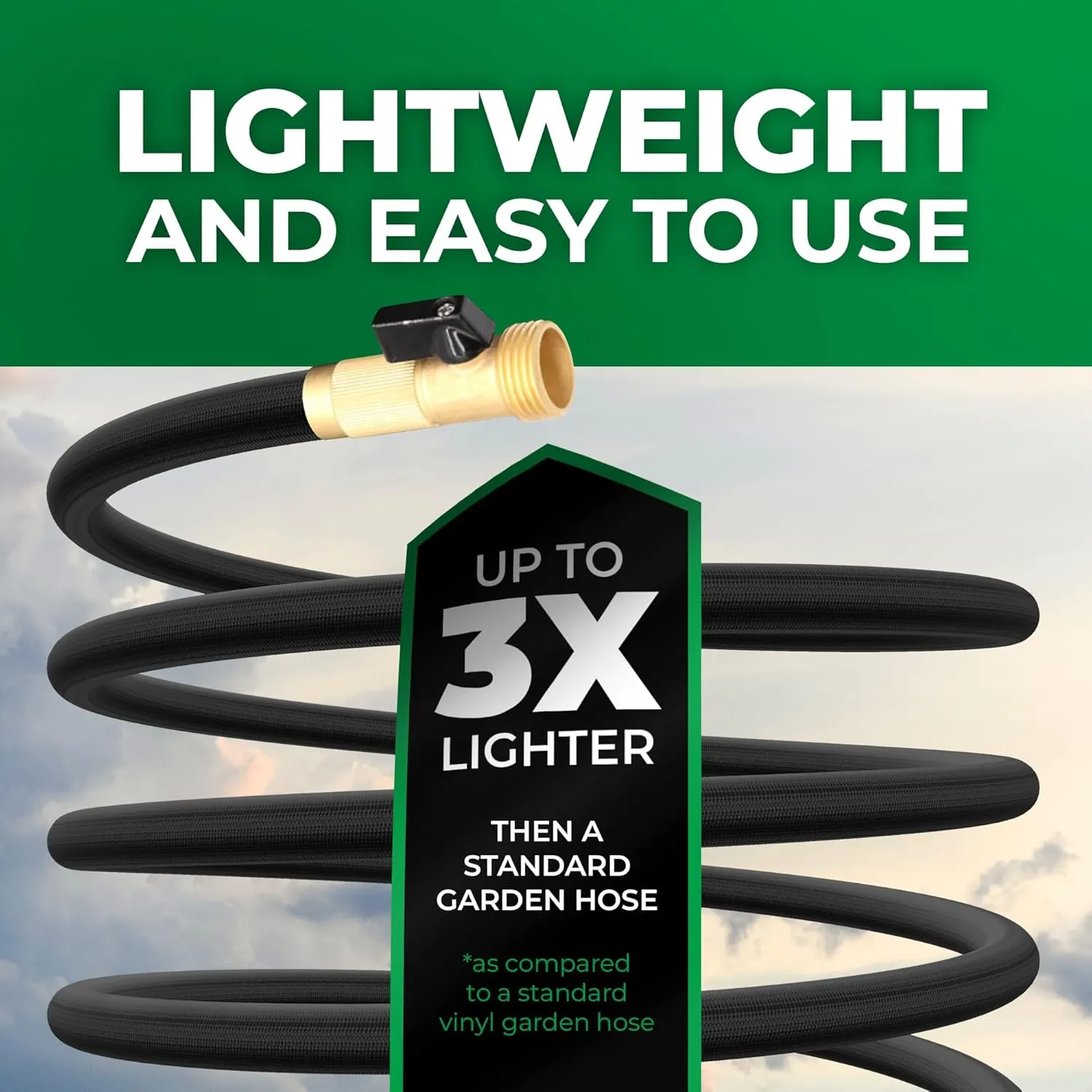 Garden Hose, NON-EXPANDABLE Garden Hose, Super Light Weight Hose, No Burst, 3/4 inch Solid Brass Connectors, 50 Ft, Black