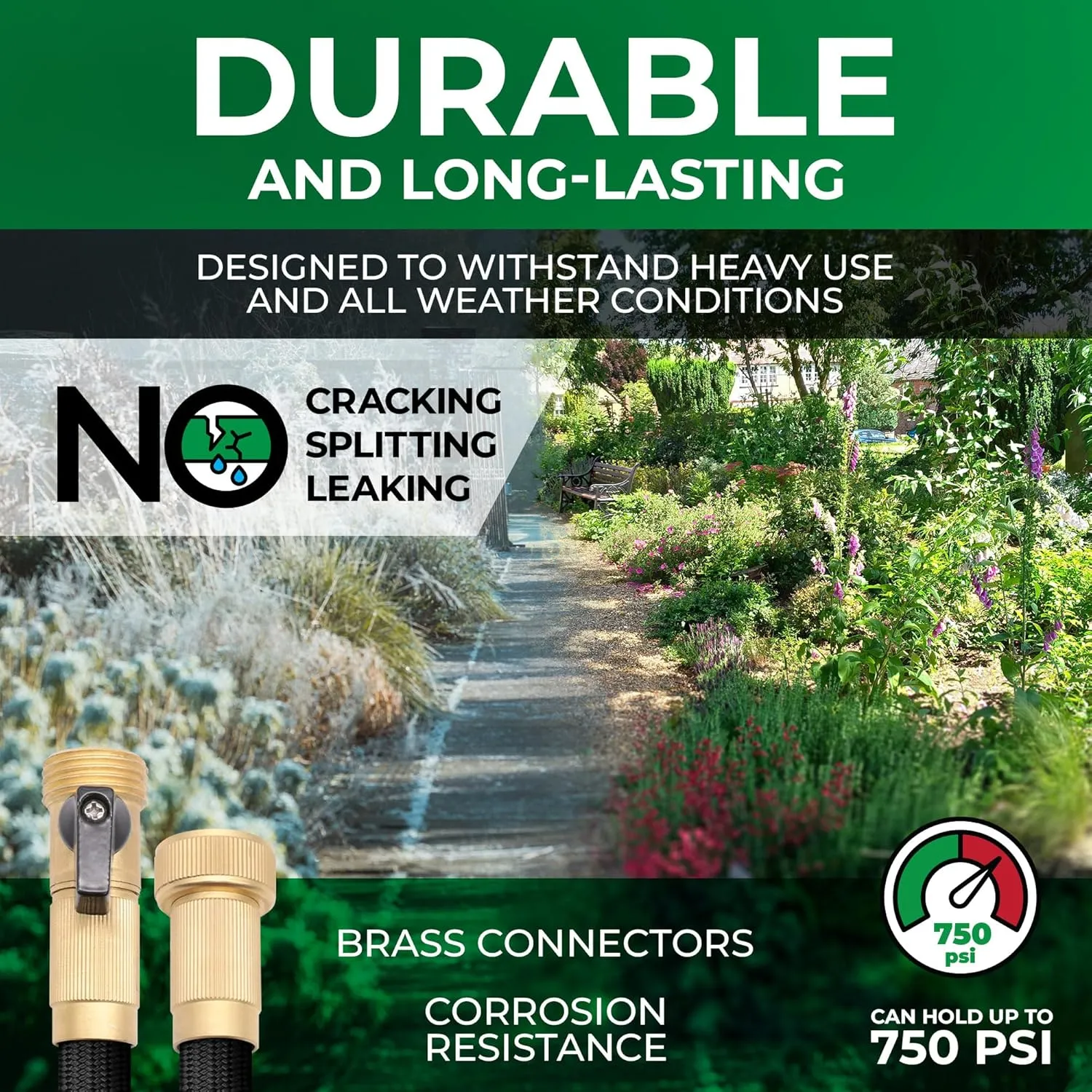 Garden Hose, NON-EXPANDABLE Garden Hose, Super Light Weight Hose, No Burst, 3/4 inch Solid Brass Connectors, 50 Ft, Black