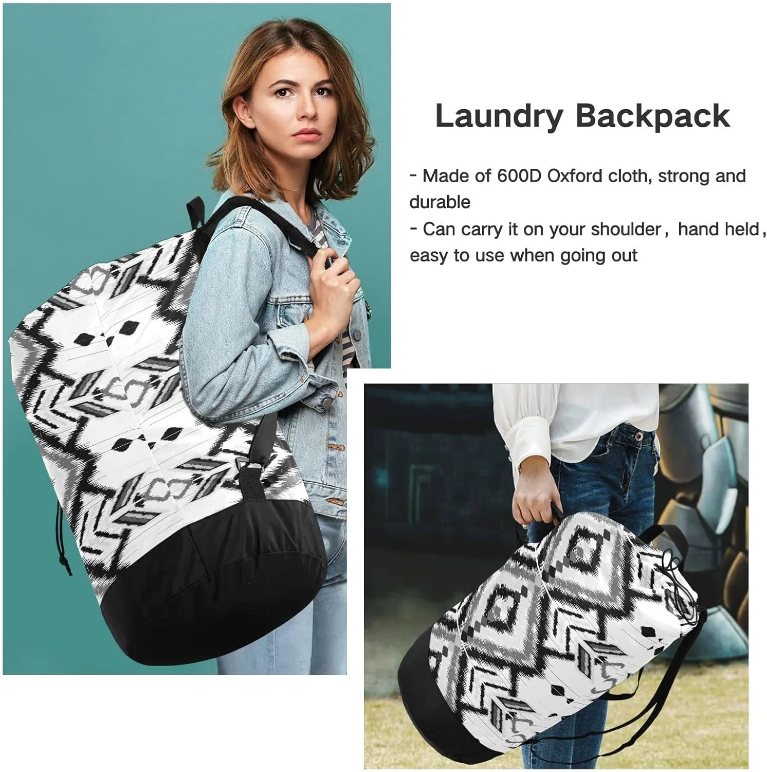Geometric Ethnic Oriental Traditional Tribal Embroidery Style Backpack Laundry Bag, Laundry Backpack with Shoulder Straps, Waterproof Nylon Clothes Hamper Bag for Men Women Yoga Backpack