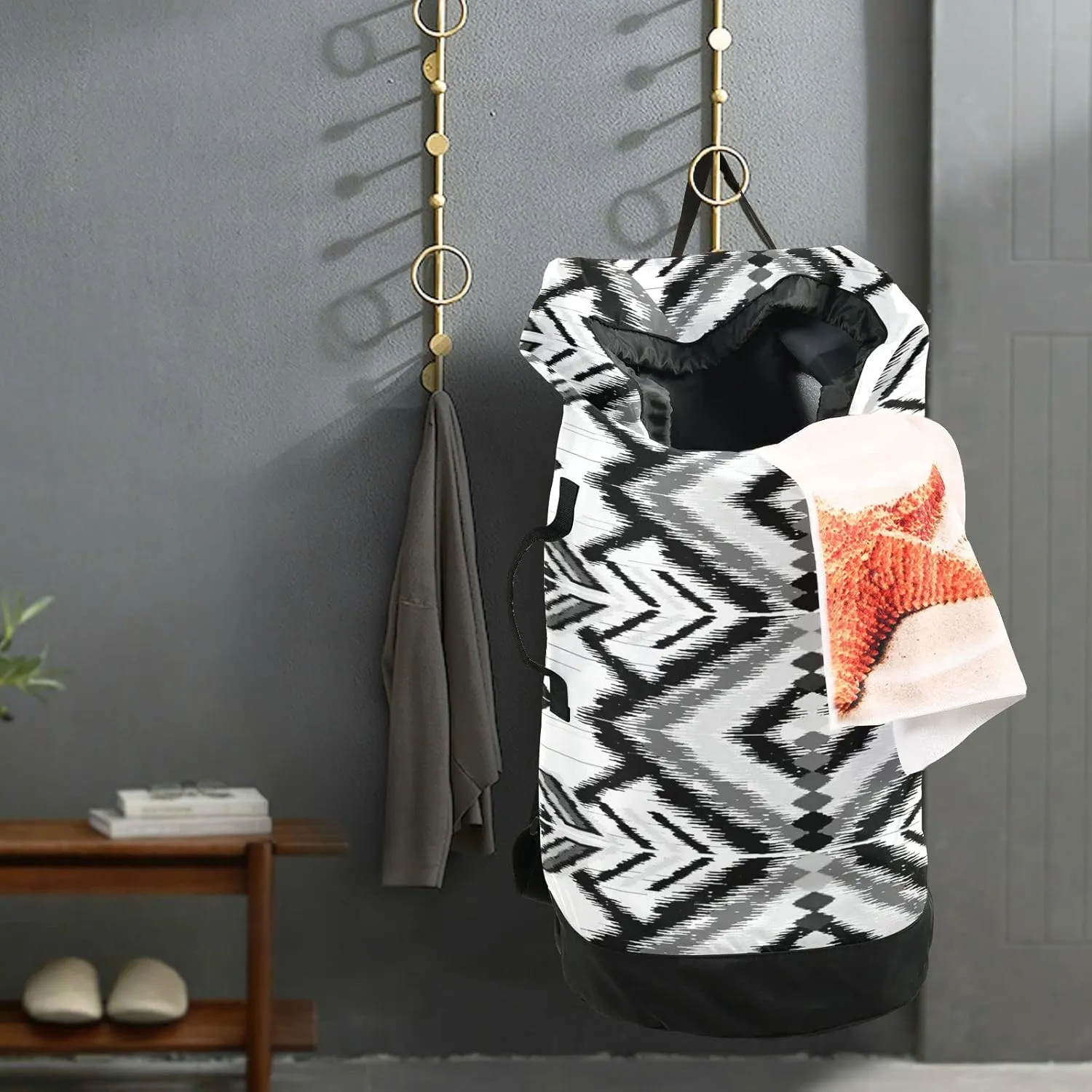 Geometric Ethnic Oriental Traditional Tribal Embroidery Style Backpack Laundry Bag, Laundry Backpack with Shoulder Straps, Waterproof Nylon Clothes Hamper Bag for Men Women Yoga Backpack