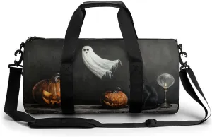 Ghost Black Cat Travel Gym Bag for Women Men Vintage Halloween Cylindrical Duffle Bag Sport Workout Bag with Shoulder Strap