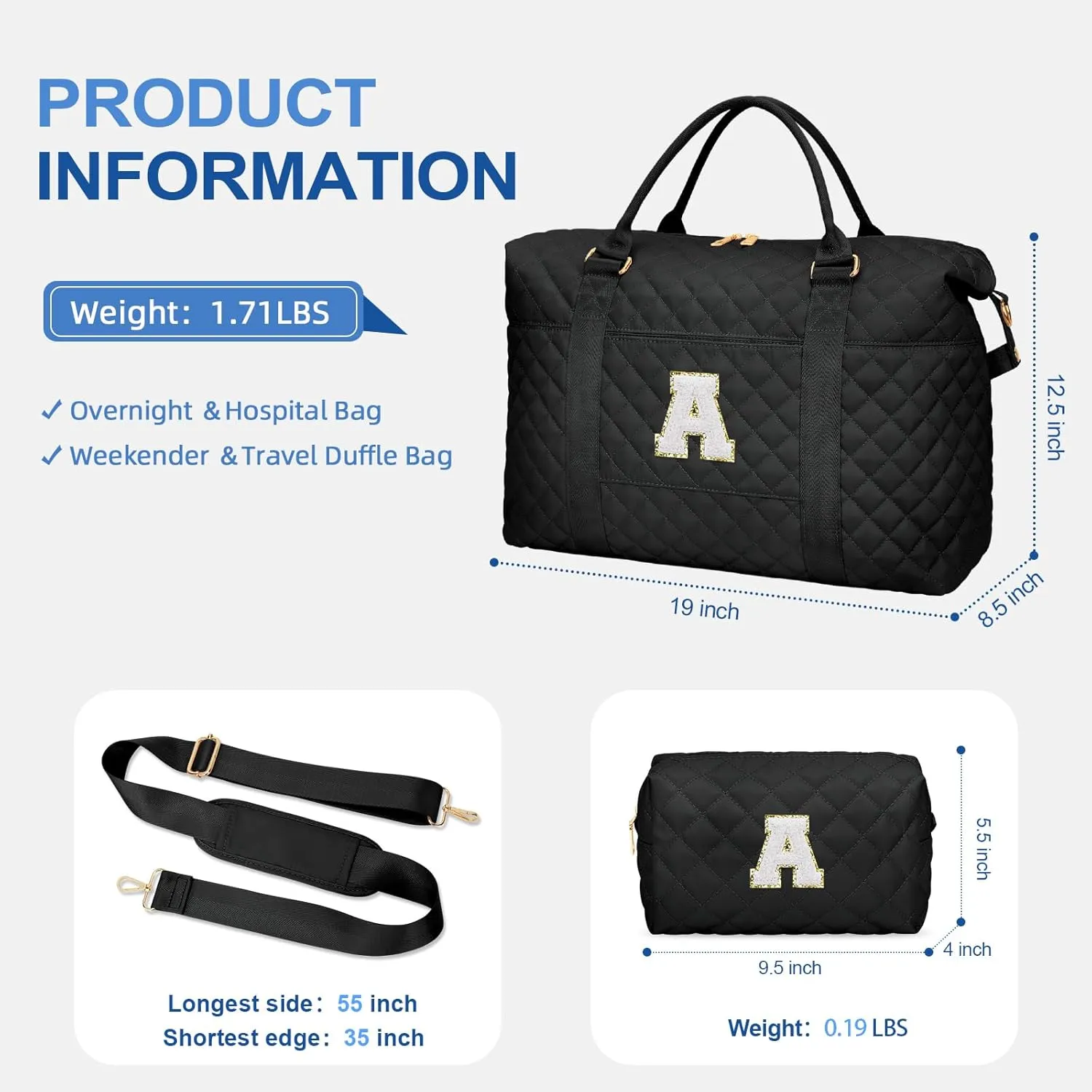 Gift for Women, Initial Travel Duffel ＆ Weekender Bag for Girls, Personalized Carry On Overnight Bag with Makeup Pouch for Gym Hospital(Black,A)