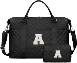 Gift for Women, Initial Travel Duffel ＆ Weekender Bag for Girls, Personalized Carry On Overnight Bag with Makeup Pouch for Gym Hospital(Black,A)