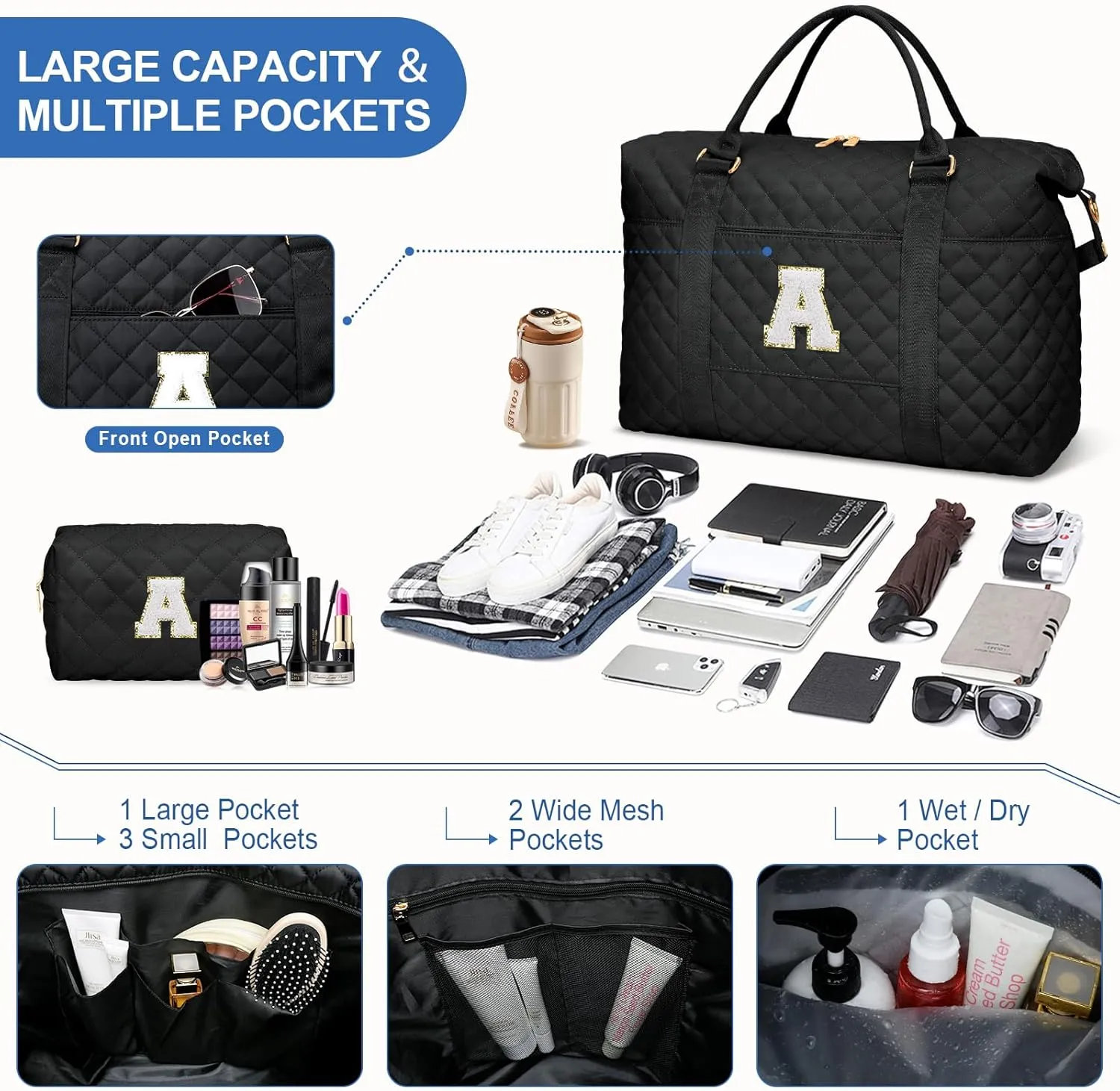 Gift for Women, Initial Travel Duffel ＆ Weekender Bag for Girls, Personalized Carry On Overnight Bag with Makeup Pouch for Gym Hospital(Black,A)