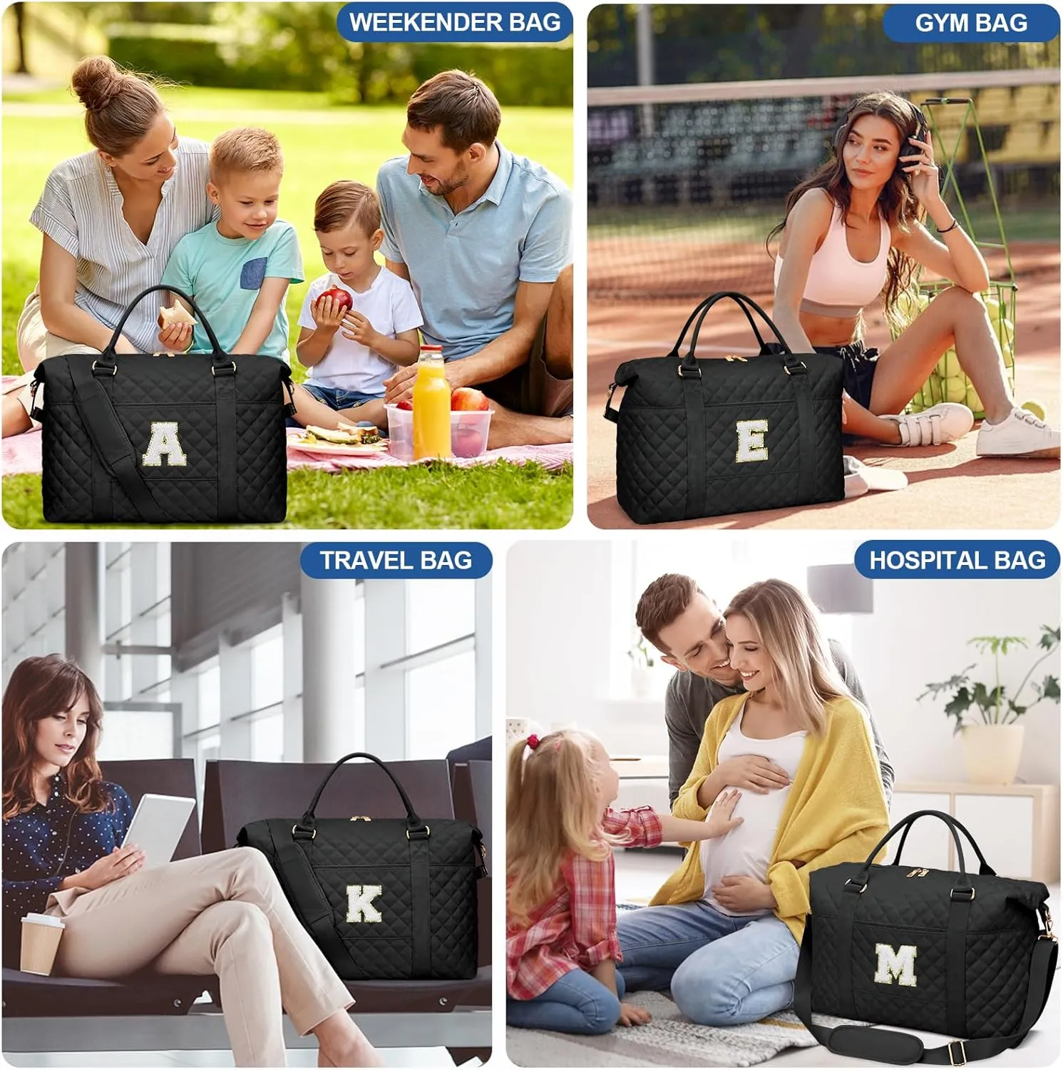 Gift for Women, Initial Travel Duffel ＆ Weekender Bag for Girls, Personalized Carry On Overnight Bag with Makeup Pouch for Gym Hospital(Black,M)