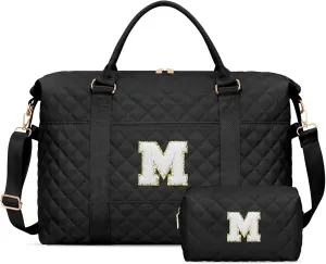 Gift for Women, Initial Travel Duffel ＆ Weekender Bag for Girls, Personalized Carry On Overnight Bag with Makeup Pouch for Gym Hospital(Black,M)