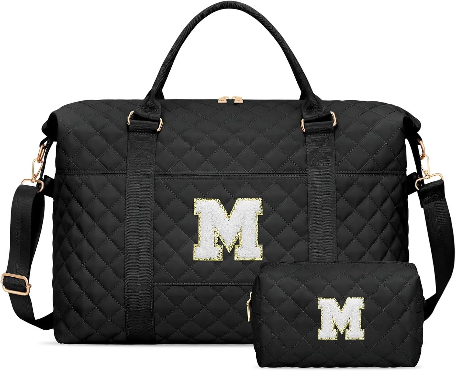 Gift for Women, Initial Travel Duffel ＆ Weekender Bag for Girls, Personalized Carry On Overnight Bag with Makeup Pouch for Gym Hospital(Black,M)