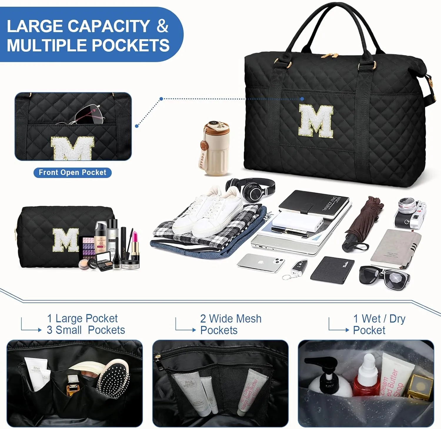 Gift for Women, Initial Travel Duffel ＆ Weekender Bag for Girls, Personalized Carry On Overnight Bag with Makeup Pouch for Gym Hospital(Black,M)