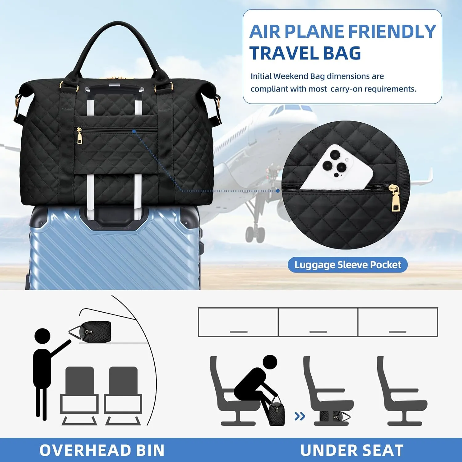 Gift for Women, Initial Travel Duffel ＆ Weekender Bag for Girls, Personalized Carry On Overnight Bag with Makeup Pouch for Gym Hospital(Black,M)
