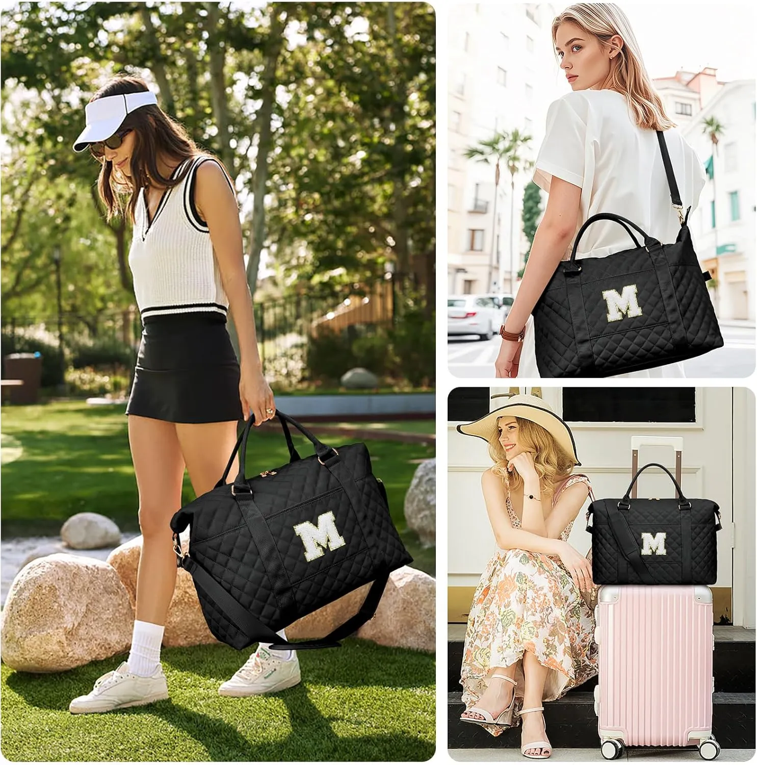 Gift for Women, Initial Travel Duffel ＆ Weekender Bag for Girls, Personalized Carry On Overnight Bag with Makeup Pouch for Gym Hospital(Black,M)