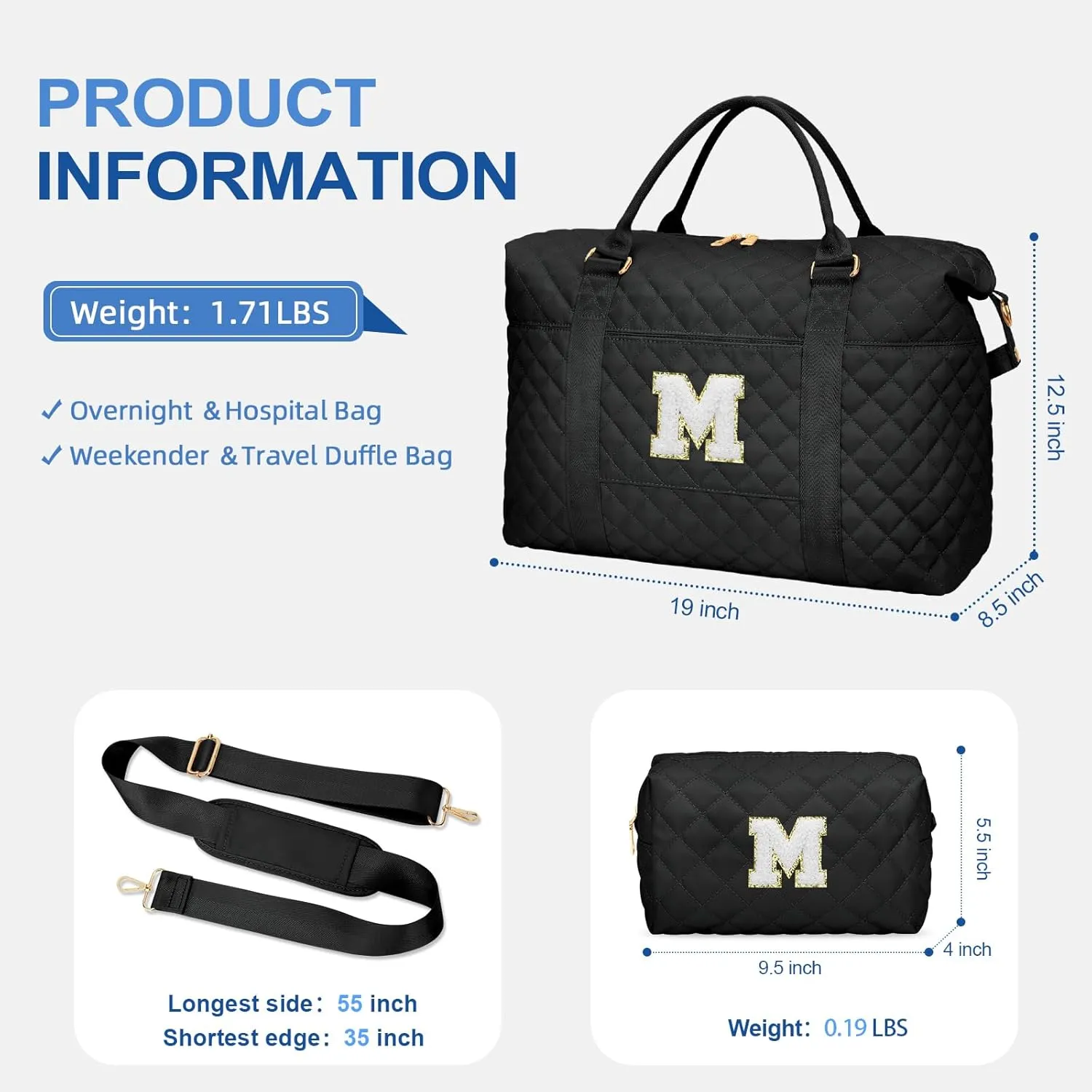 Gift for Women, Initial Travel Duffel ＆ Weekender Bag for Girls, Personalized Carry On Overnight Bag with Makeup Pouch for Gym Hospital(Black,M)