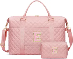 Gift for Women, Initial Travel Duffel ＆ Weekender Bag for Girls, Personalized Carry On Overnight Bag with Makeup Pouch for Gym Hospital(Pink,E)