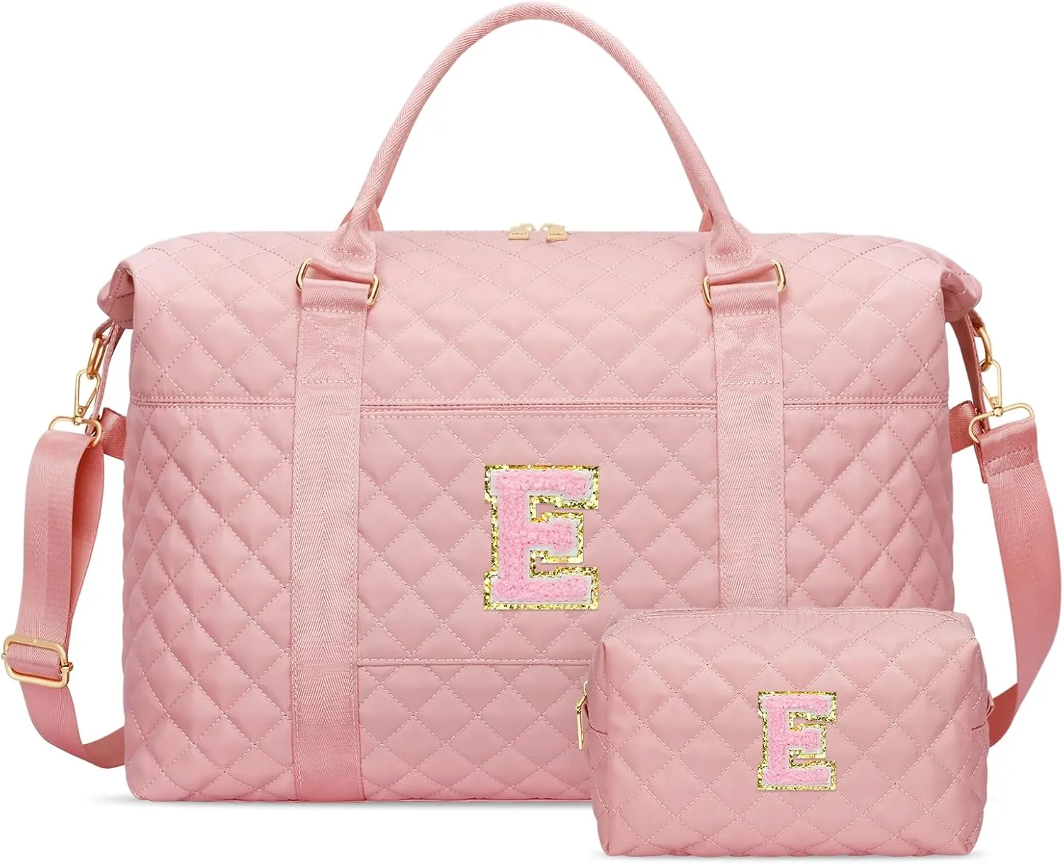 Gift for Women, Initial Travel Duffel ＆ Weekender Bag for Girls, Personalized Carry On Overnight Bag with Makeup Pouch for Gym Hospital(Pink,E)