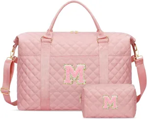 Gift for Women, Initial Travel Duffel ＆ Weekender Bag for Girls, Personalized Carry On Overnight Bag with Makeup Pouch for Gym Hospital(Pink,M)
