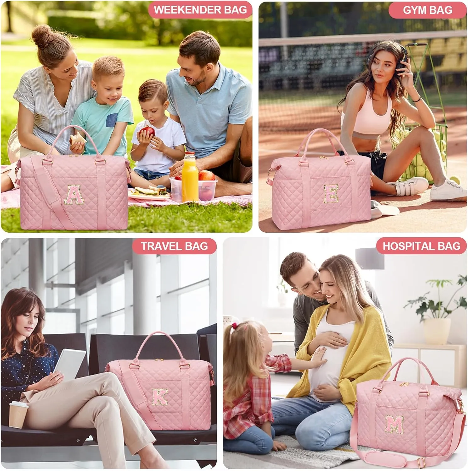 Gift for Women, Initial Travel Duffel ＆ Weekender Bag for Girls, Personalized Carry On Overnight Bag with Makeup Pouch for Gym Hospital(Pink,M)