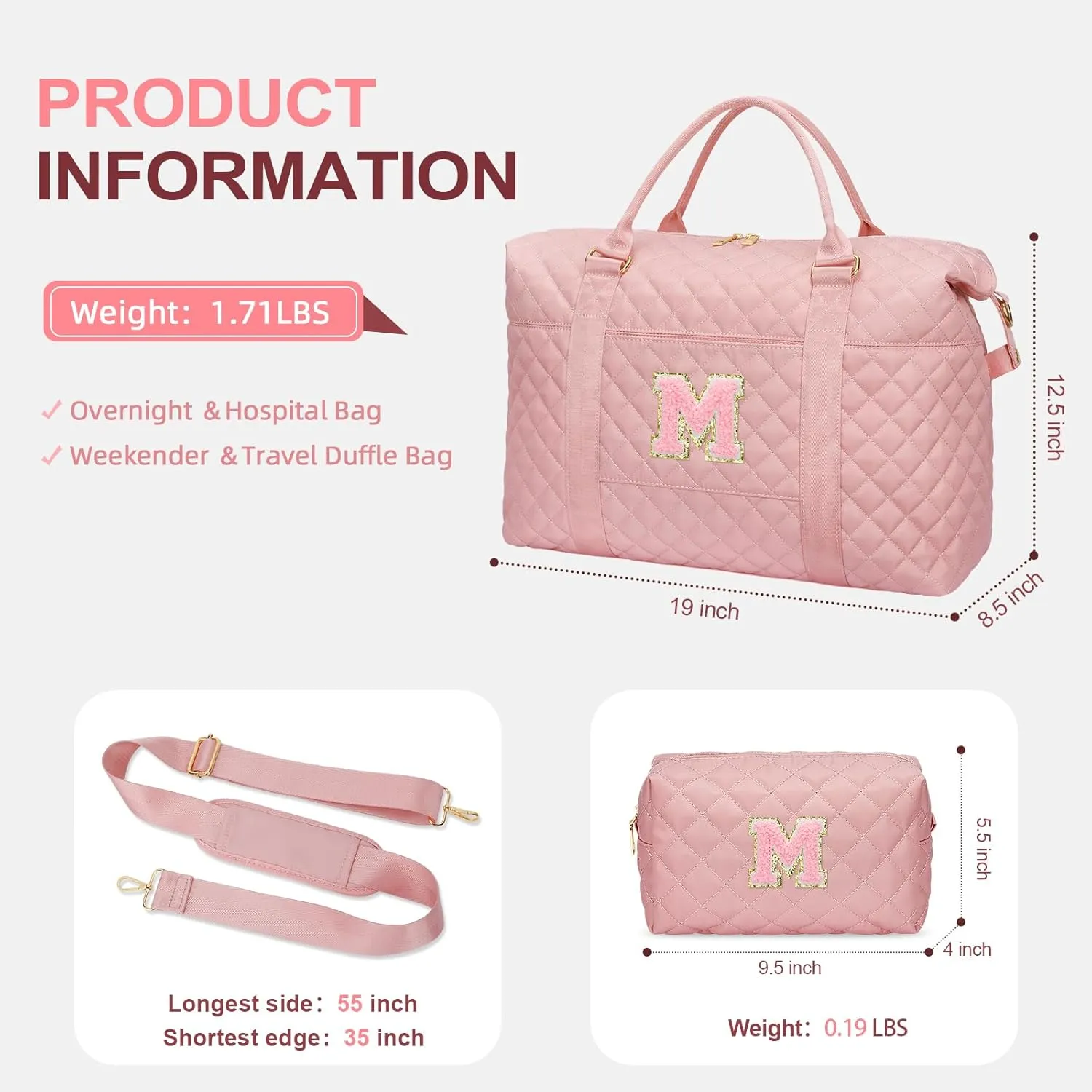 Gift for Women, Initial Travel Duffel ＆ Weekender Bag for Girls, Personalized Carry On Overnight Bag with Makeup Pouch for Gym Hospital(Pink,M)