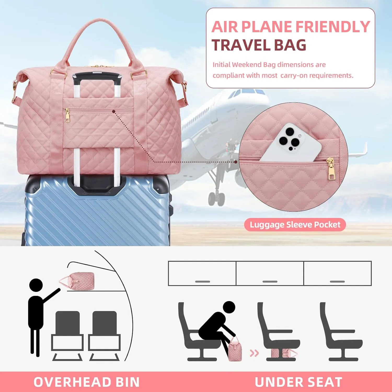 Gift for Women, Initial Travel Duffel ＆ Weekender Bag for Girls, Personalized Carry On Overnight Bag with Makeup Pouch for Gym Hospital(Pink,M)