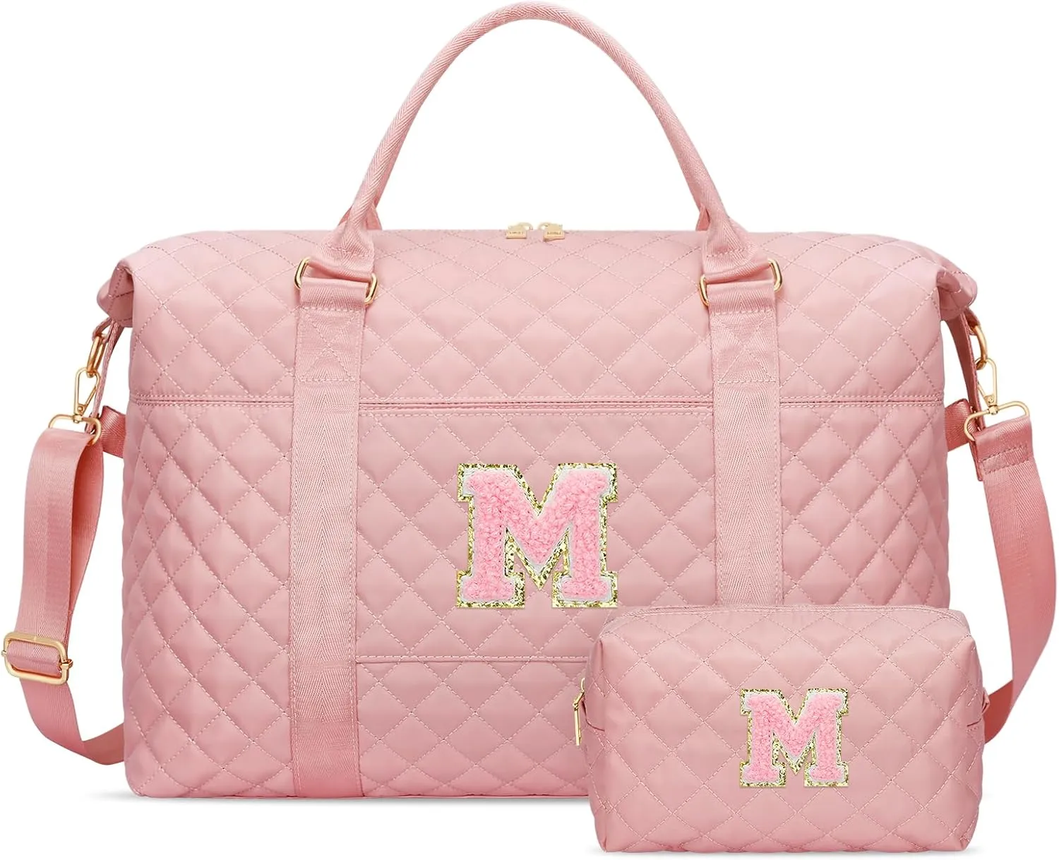 Gift for Women, Initial Travel Duffel ＆ Weekender Bag for Girls, Personalized Carry On Overnight Bag with Makeup Pouch for Gym Hospital(Pink,M)