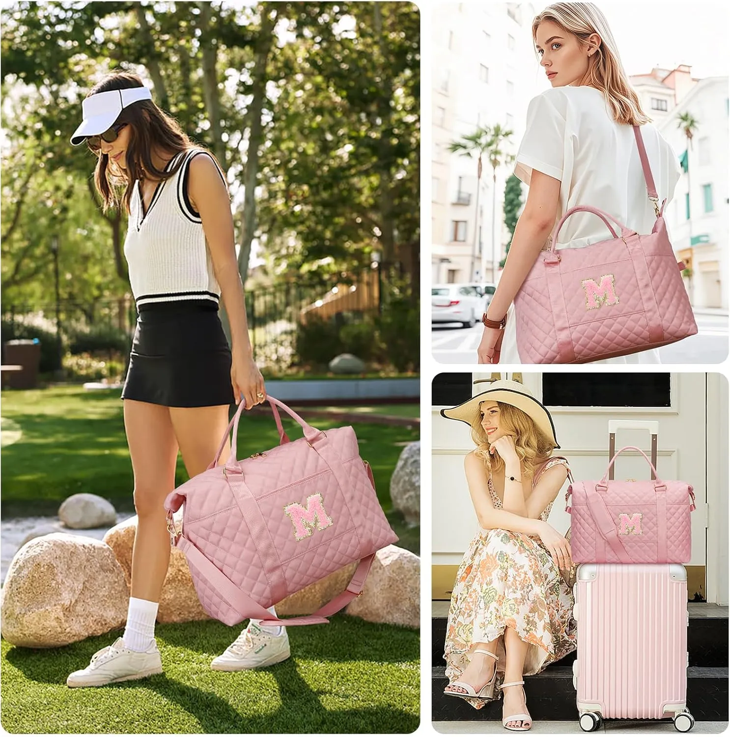 Gift for Women, Initial Travel Duffel ＆ Weekender Bag for Girls, Personalized Carry On Overnight Bag with Makeup Pouch for Gym Hospital(Pink,M)