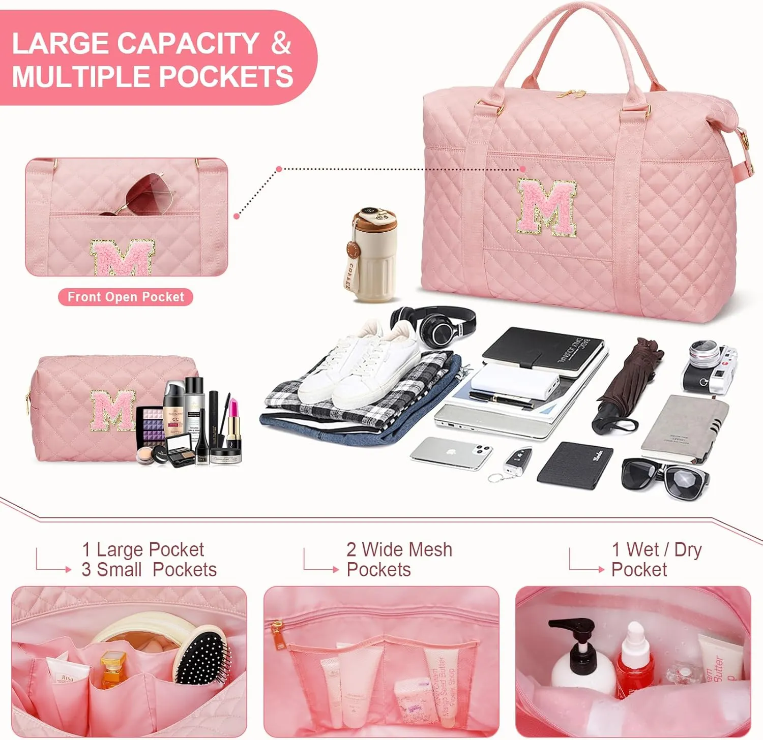 Gift for Women, Initial Travel Duffel ＆ Weekender Bag for Girls, Personalized Carry On Overnight Bag with Makeup Pouch for Gym Hospital(Pink,M)