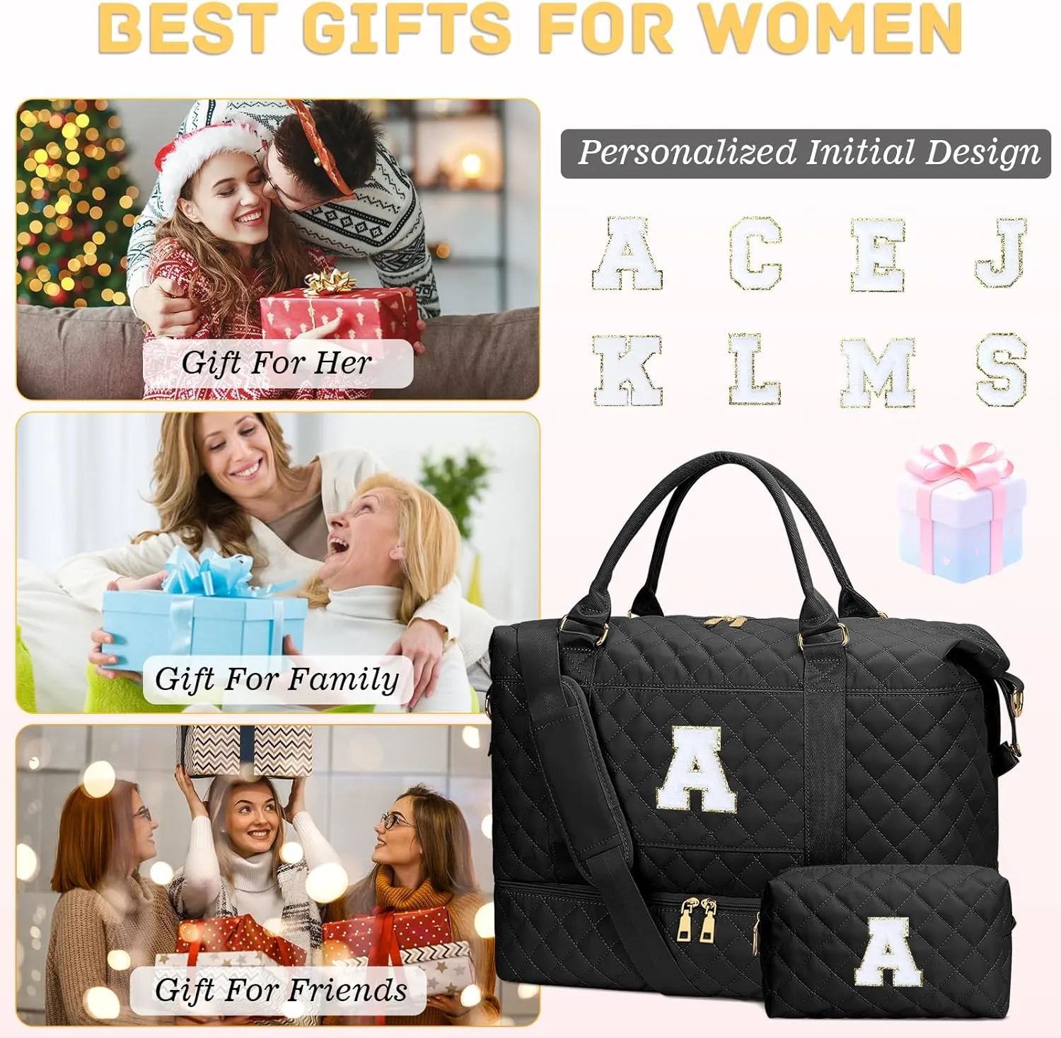 Gifts for Women Initial Travel Duffle Bag Quilted Weekender Carry-On Overnight with Cosmetic Bag, Gym Bag with Shoe Compartment Hospital Bag for Labor Delivery, Black A