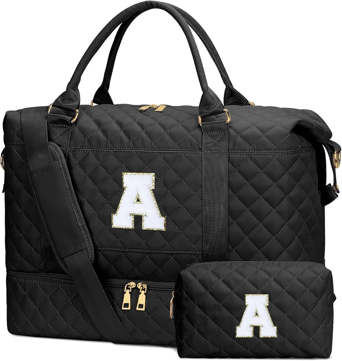 Gifts for Women Initial Travel Duffle Bag Quilted Weekender Carry-On Overnight with Cosmetic Bag, Gym Bag with Shoe Compartment Hospital Bag for Labor Delivery, Black A