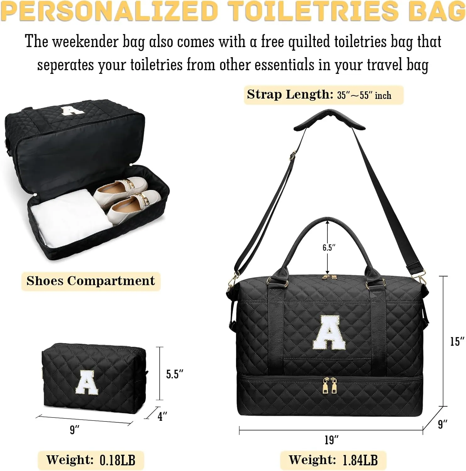 Gifts for Women Initial Travel Duffle Bag Quilted Weekender Carry-On Overnight with Cosmetic Bag, Gym Bag with Shoe Compartment Hospital Bag for Labor Delivery, Black A
