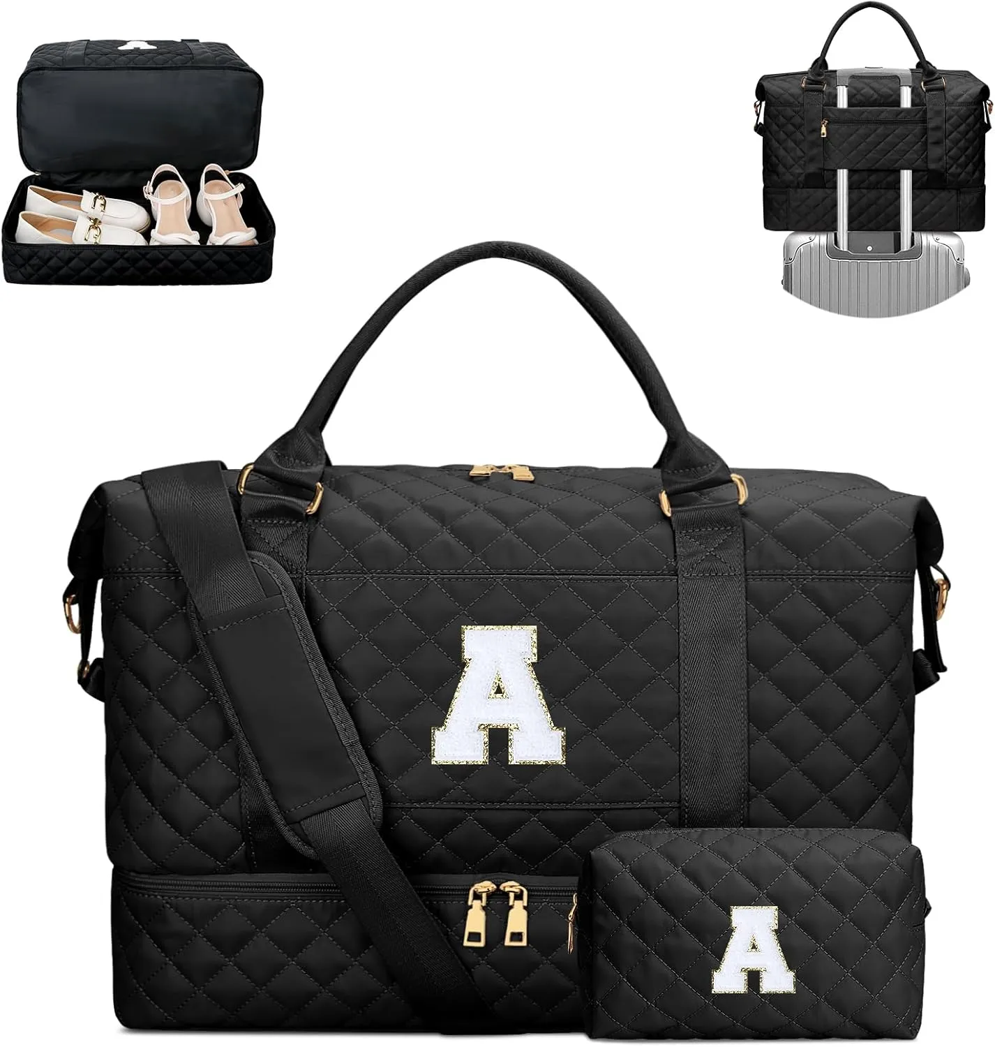 Gifts for Women Initial Travel Duffle Bag Quilted Weekender Carry-On Overnight with Cosmetic Bag, Gym Bag with Shoe Compartment Hospital Bag for Labor Delivery, Black A