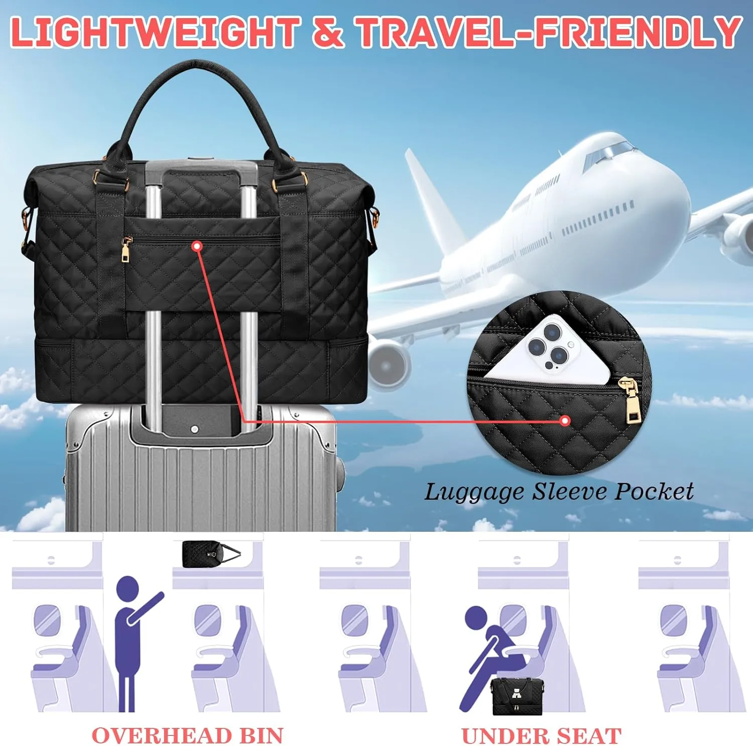 Gifts for Women Initial Travel Duffle Bag Quilted Weekender Carry-On Overnight with Cosmetic Bag, Gym Bag with Shoe Compartment Hospital Bag for Labor Delivery, Black A