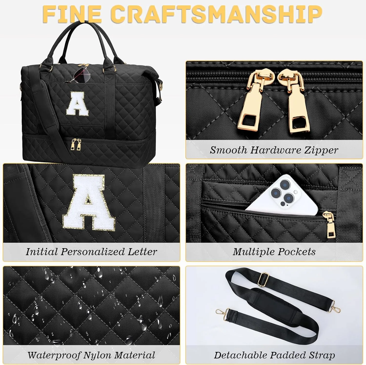 Gifts for Women Initial Travel Duffle Bag Quilted Weekender Carry-On Overnight with Cosmetic Bag, Gym Bag with Shoe Compartment Hospital Bag for Labor Delivery, Black A