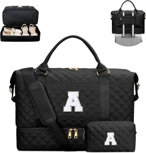 Gifts for Women Initial Travel Duffle Bag Quilted Weekender Carry-On Overnight with Cosmetic Bag, Gym Bag with Shoe Compartment Hospital Bag for Labor Delivery, Black A