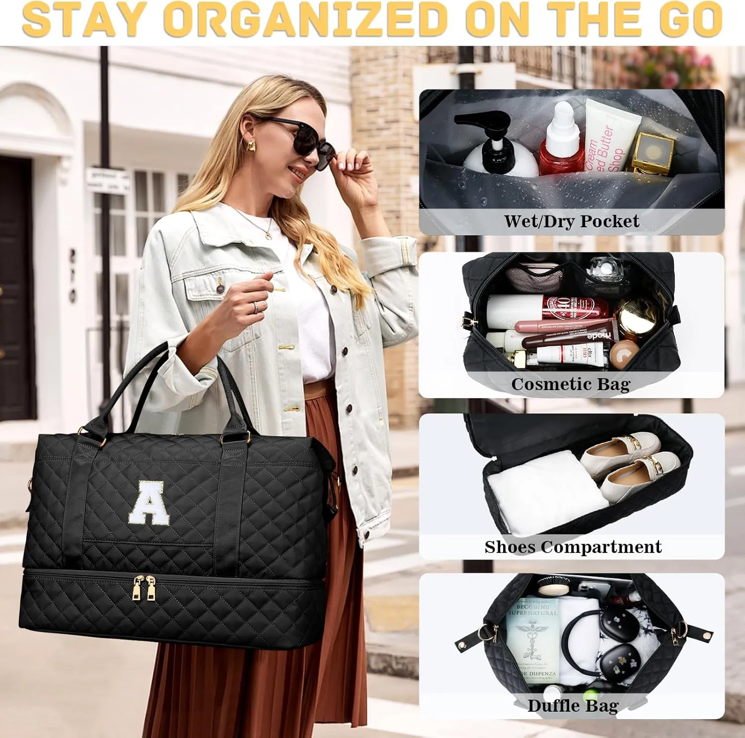 Gifts for Women Initial Travel Duffle Bag Quilted Weekender Carry-On Overnight with Cosmetic Bag, Gym Bag with Shoe Compartment Hospital Bag for Labor Delivery, Black A