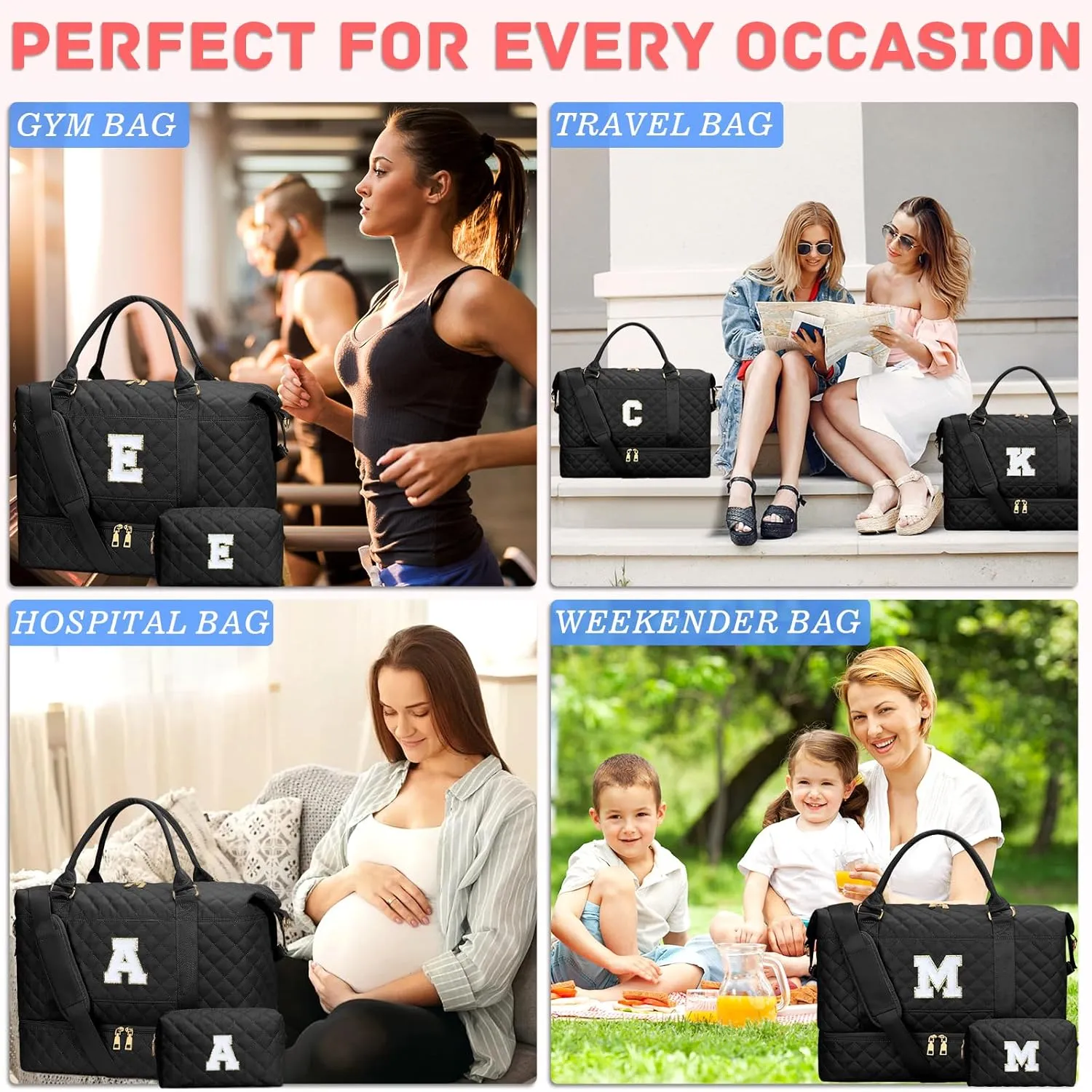 Gifts for Women Initial Travel Duffle Bag Quilted Weekender Carry-On Overnight with Cosmetic Bag, Gym Bag with Shoe Compartment Hospital Bag for Labor Delivery, Black A