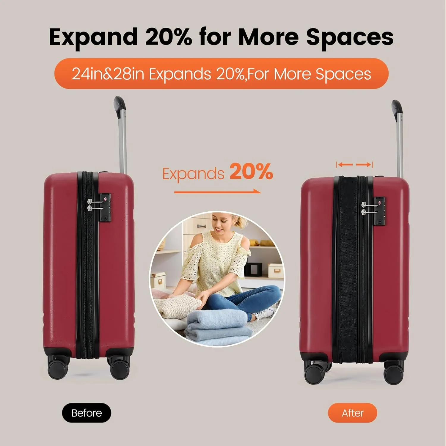 GinzaTravel 2-Piece Luggage Sets Expandable Suitcases with 4 Wheels PC ABS Durable Hardside Luggage sets TSA lock (Red, 2-Piece Set(20"/29"))