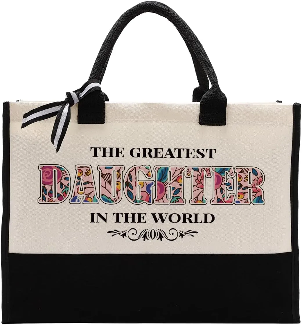 Gkwa Daughter Gift, Canvas Tote Bag for Gifting, Daughter Cotton Canvas Tote Bag, Shoulder Beach Bag, Novelty Present for Daughter, Daughter Canvas Bag Gift, The Greatest Daughter In the World, White