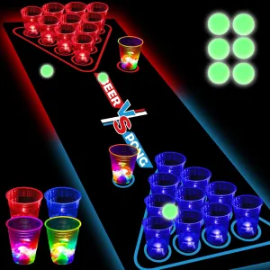 Glowing Beer Pong Table Mat for Drinking Game Light Up Plastic Cups and Pongs Beer Pong Set for Party Game Indoor Outdoor Pong Game, Party Supplies Decor 71 * 23inch