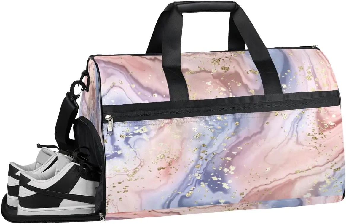 Gold Glitter Marle Dry Wet Depart Duffle Overnight Bag with Shoes Compartment & Wet Pockets, Water Resistant Weekender Travel Gym Pouch For Swim Gymnastics Ballet Sleepovers