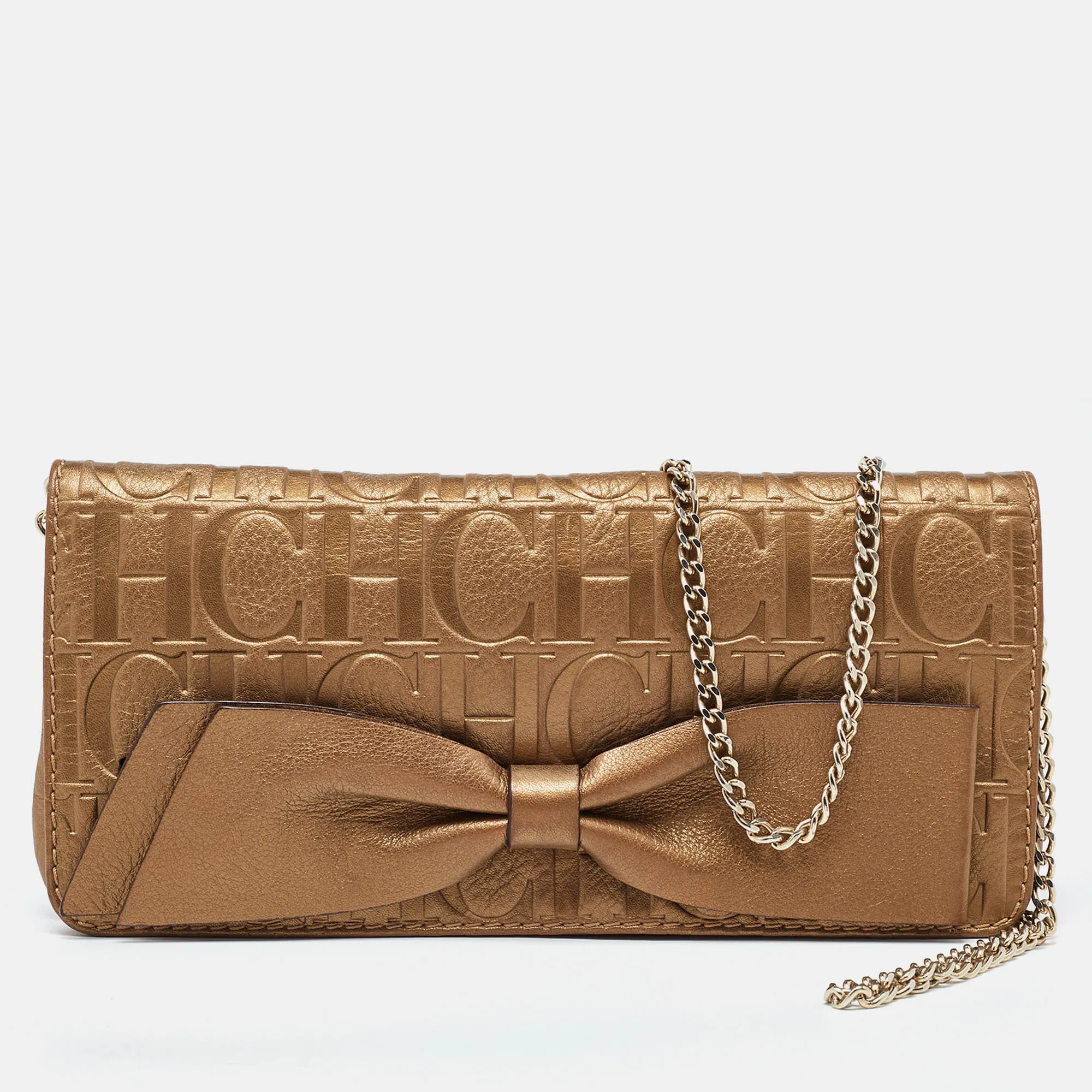 Gold Monogram Leather Bow Chain Clutch