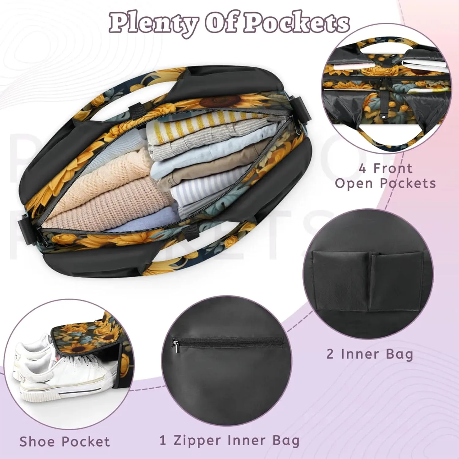 Golden Sunflower Flora Waterproof Gym Bag for Men Women, Sports Duffel Bag with Shoe Compartment Yoga Mat Holder, Portable Large Travel Bag for Fitness, Camping, Weekend Trips
