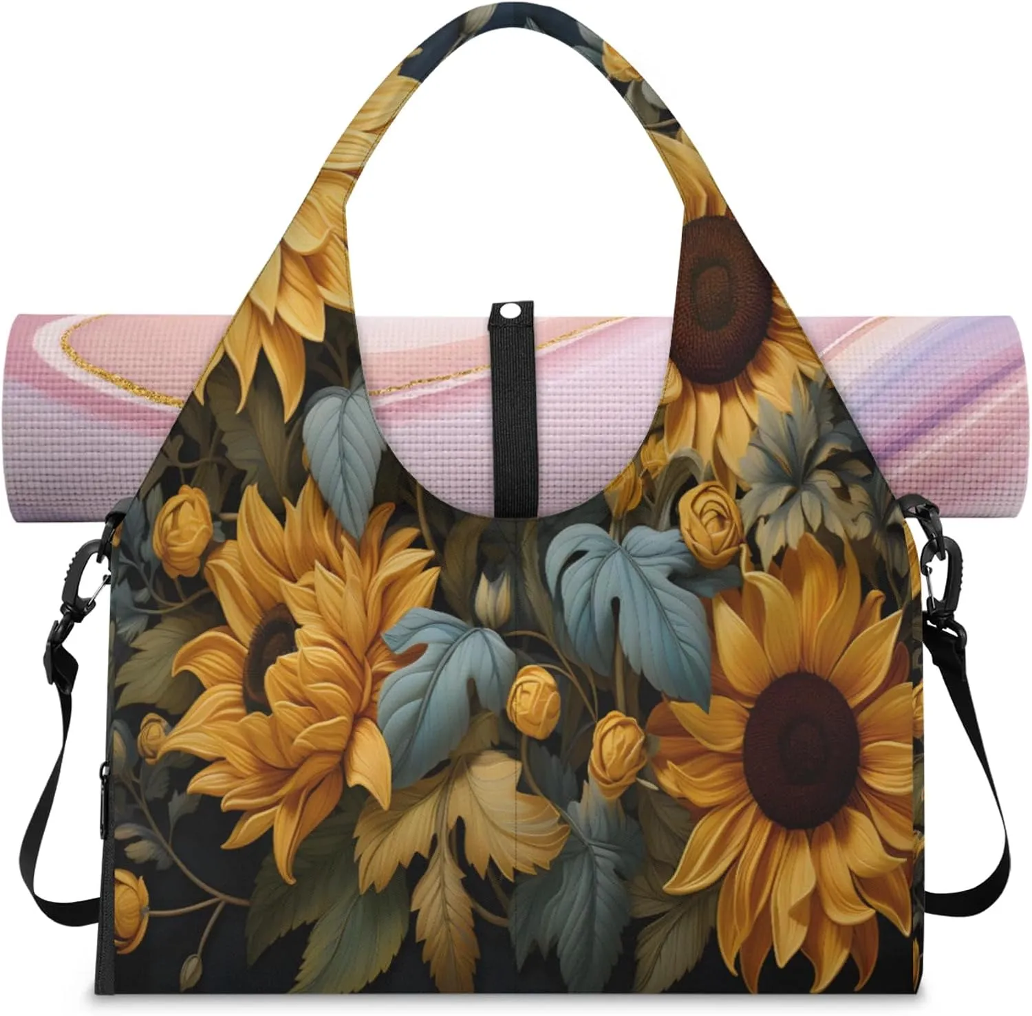 Golden Sunflower Flora Waterproof Gym Bag for Men Women, Sports Duffel Bag with Shoe Compartment Yoga Mat Holder, Portable Large Travel Bag for Fitness, Camping, Weekend Trips