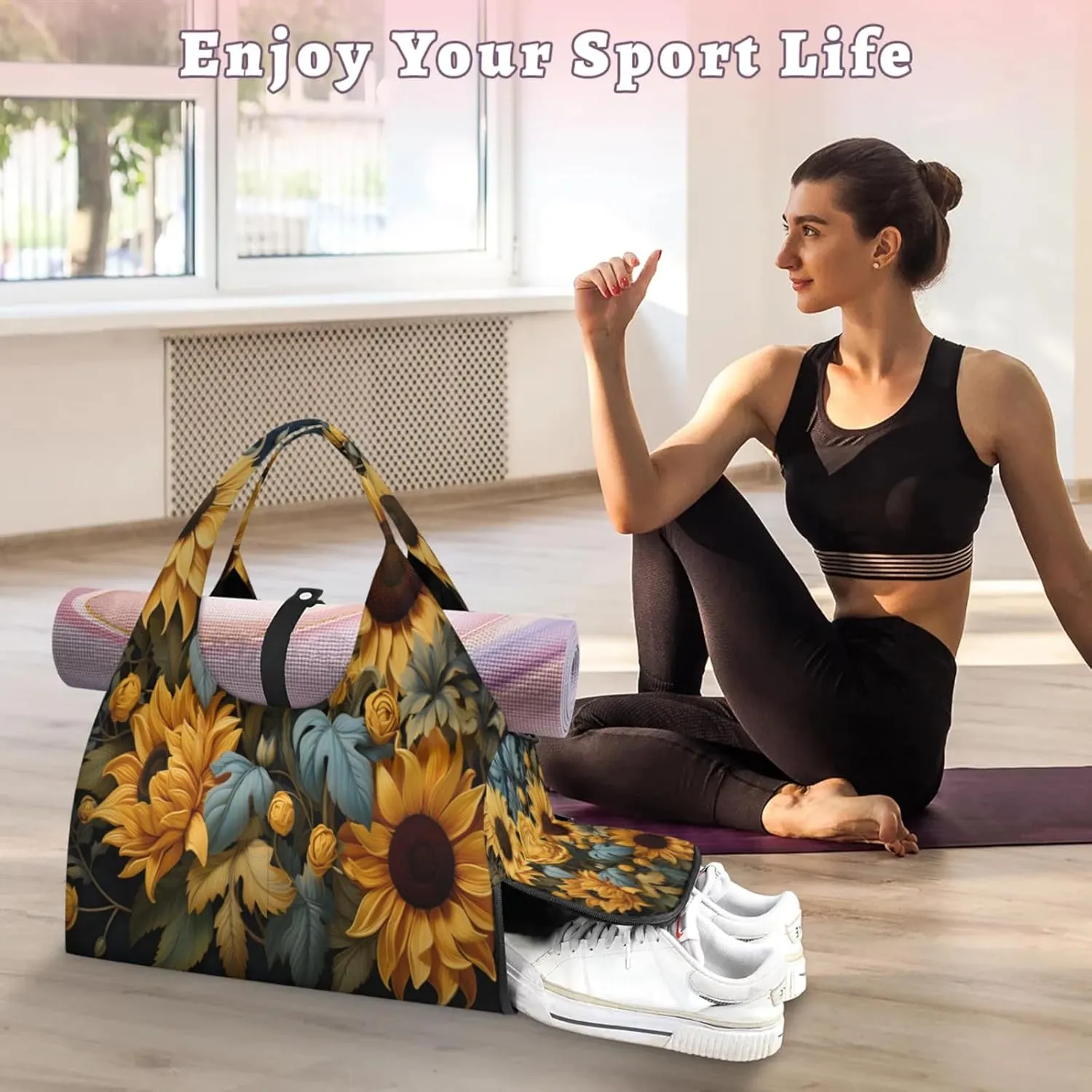 Golden Sunflower Flora Waterproof Gym Bag for Men Women, Sports Duffel Bag with Shoe Compartment Yoga Mat Holder, Portable Large Travel Bag for Fitness, Camping, Weekend Trips