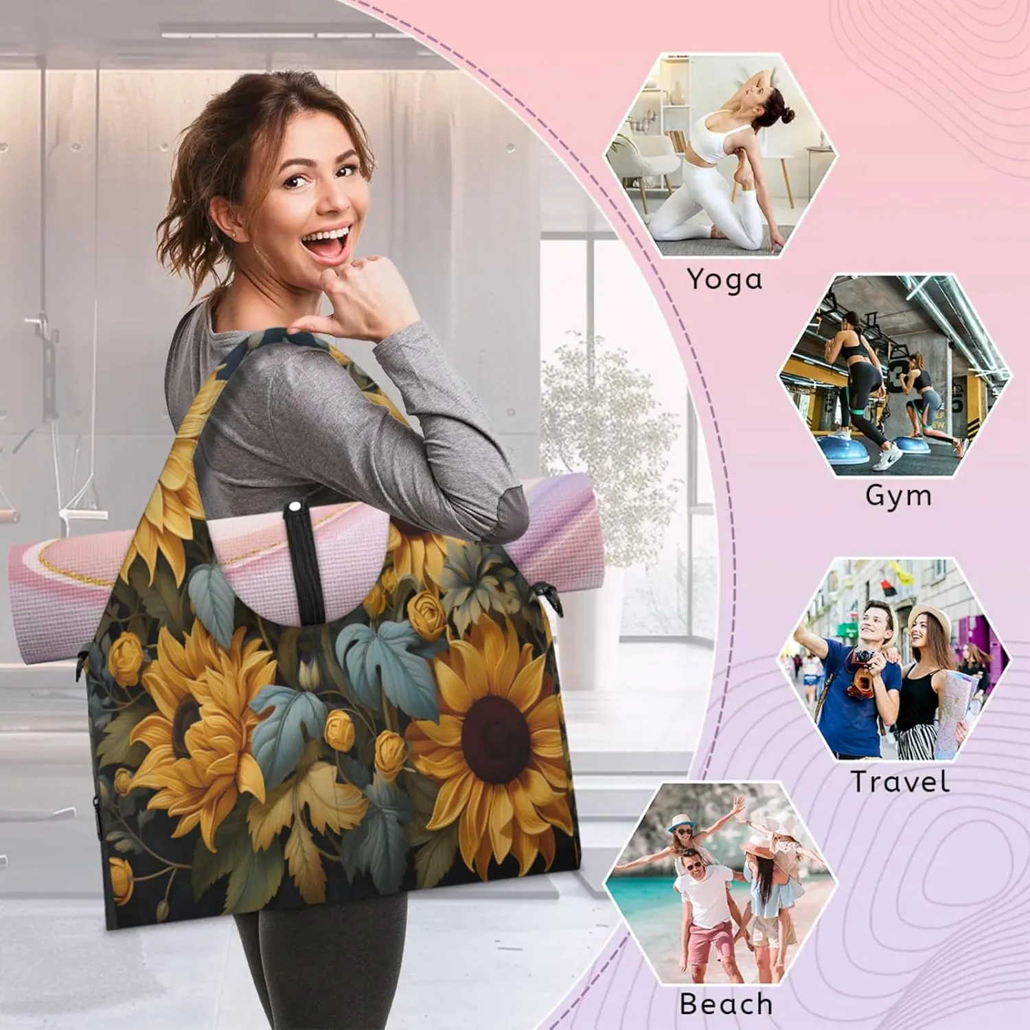 Golden Sunflower Flora Waterproof Gym Bag for Men Women, Sports Duffel Bag with Shoe Compartment Yoga Mat Holder, Portable Large Travel Bag for Fitness, Camping, Weekend Trips