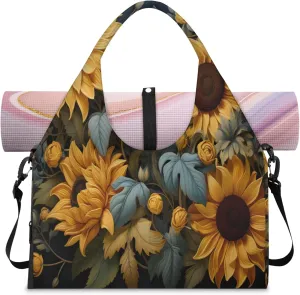 Golden Sunflower Flora Waterproof Gym Bag for Men Women, Sports Duffel Bag with Shoe Compartment Yoga Mat Holder, Portable Large Travel Bag for Fitness, Camping, Weekend Trips