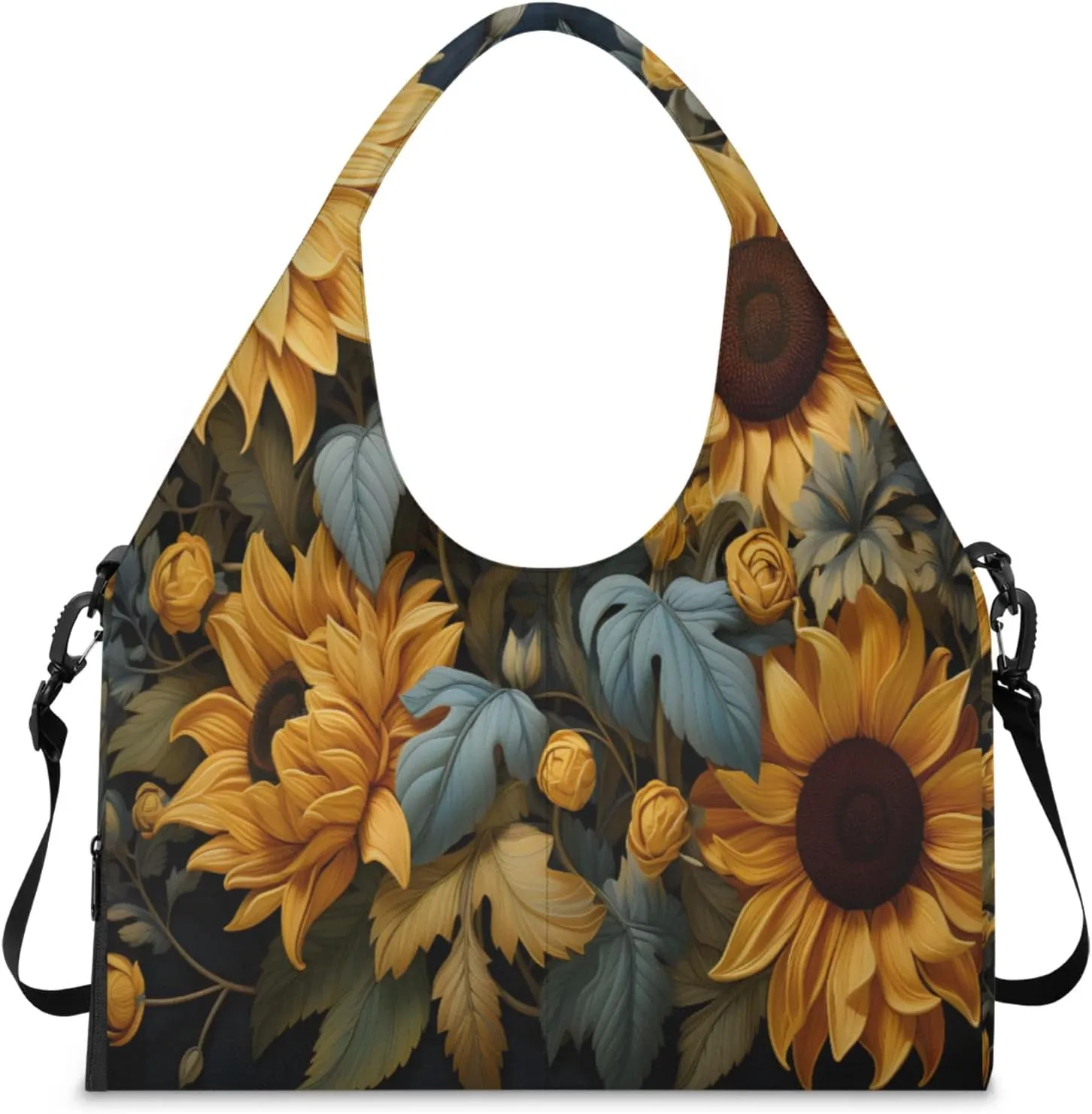 Golden Sunflower Flora Waterproof Gym Bag for Men Women, Sports Duffel Bag with Shoe Compartment Yoga Mat Holder, Portable Large Travel Bag for Fitness, Camping, Weekend Trips