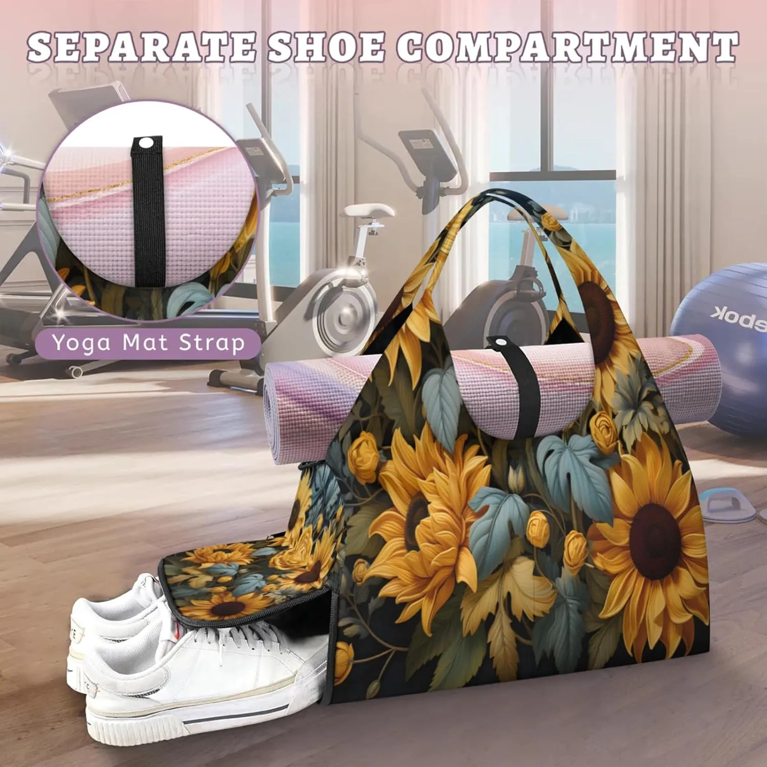 Golden Sunflower Flora Waterproof Gym Bag for Men Women, Sports Duffel Bag with Shoe Compartment Yoga Mat Holder, Portable Large Travel Bag for Fitness, Camping, Weekend Trips