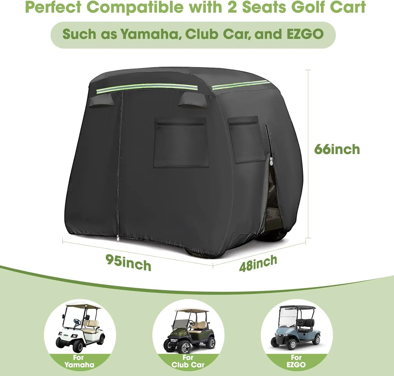Golf Cart Cover 4/6 Passenger, Heavy Duty 600D Fit EZGO Club Car Yamaha Golf Carts Outdoor Waterproof Windproof Golf Cart Golf Cart Seat Covers with Reflective Strips, Zippered Pockets, Zipper Doors